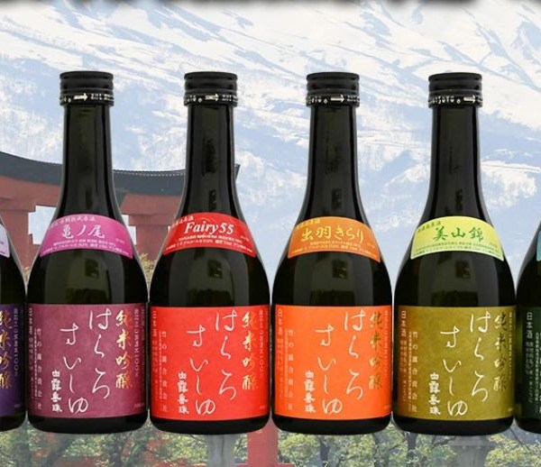 Line up of six bottles of sake from Take no Tsuyu brewery.